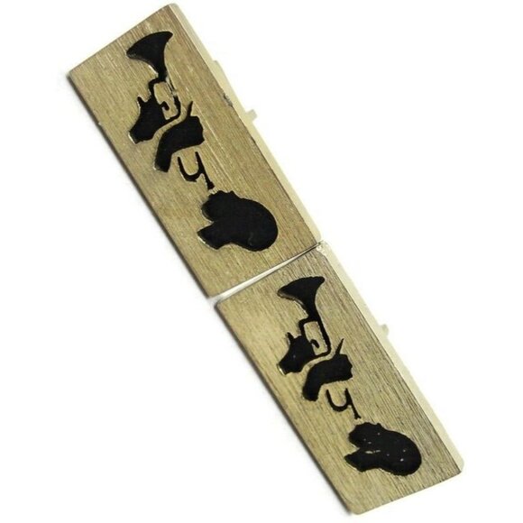 Trumpet Player Rectangle Gold Tone & Black Cufflinks Tux Shirt Suit Vintage - Picture 2 of 10